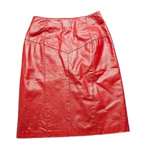 Perspective Pencil Skirt Womens 9 Red Leather Lined Walking Slit Back Zipper